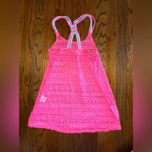 Vibrant Pink Crochet swim coverup girls size small 6/7 aqua trim Miken Mermaids